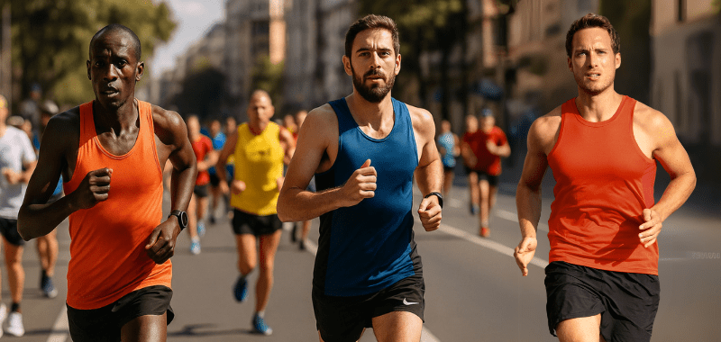 Maratón internacional, corredores en competición, apuestas deportivas en running, carreras urbanas, atletas de élite, maratones populares.